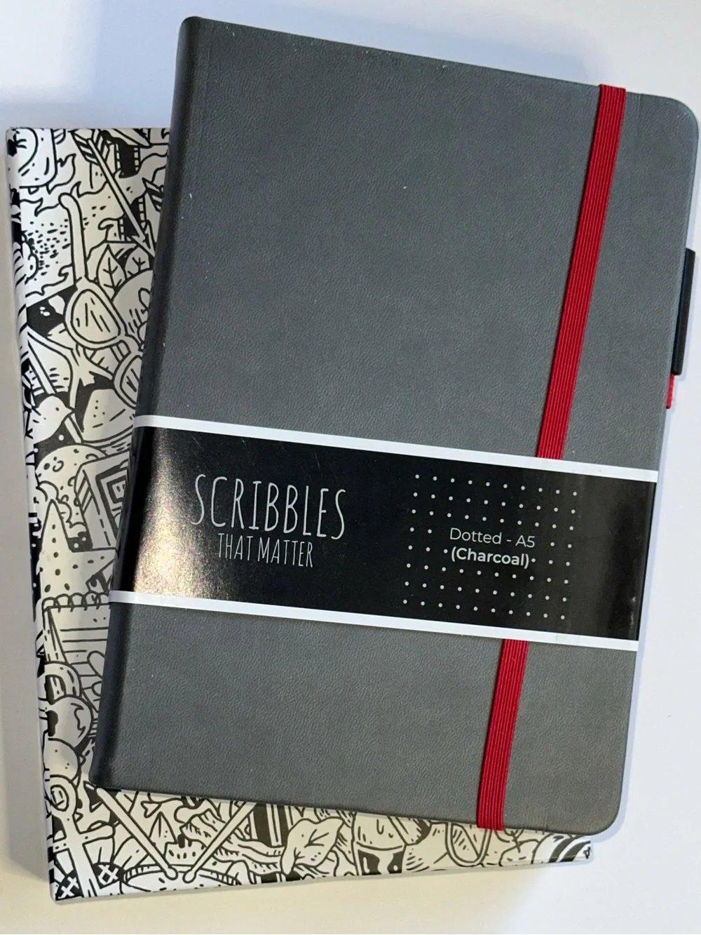 Charcoal Dotted A5 Notebook with Red Elastic Scribbles That Matter